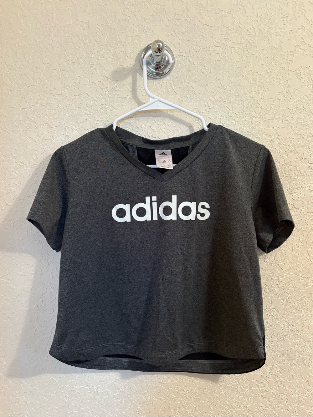 adidas Charcoal Short-Sleeve V-Neck Tee with White Logo